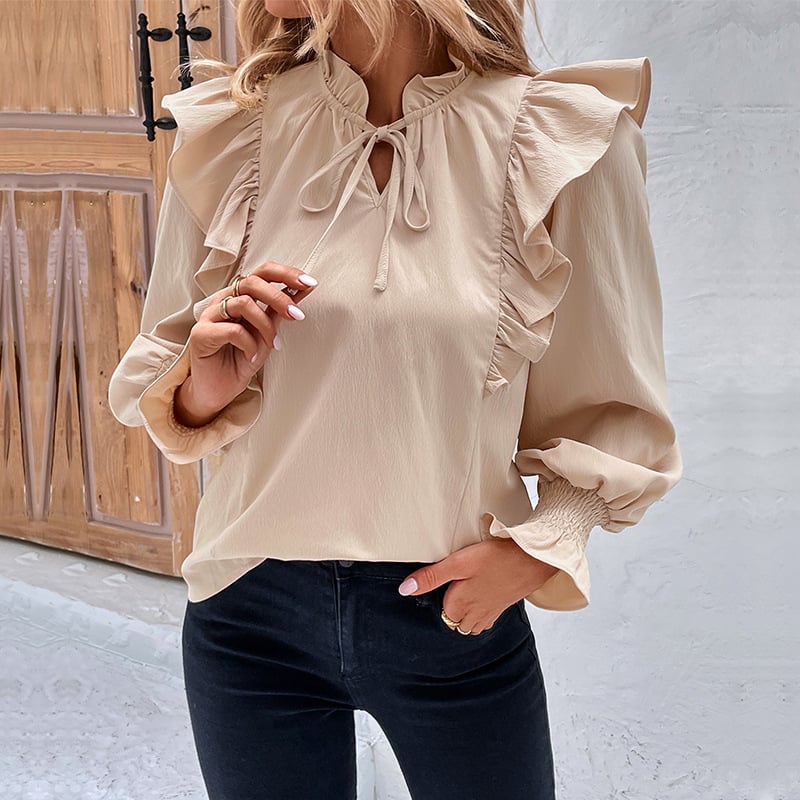 Ruffled Long-sleeved Solid Color Shirt For Women - Large
