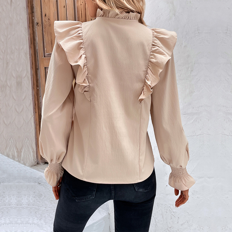 Ruffled Long-sleeved Solid Color Shirt For Women - Small