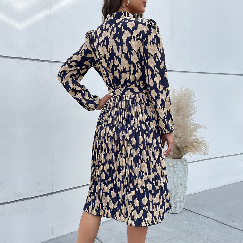 Fashion Pleated Printed Long-sleeved Dress - Small