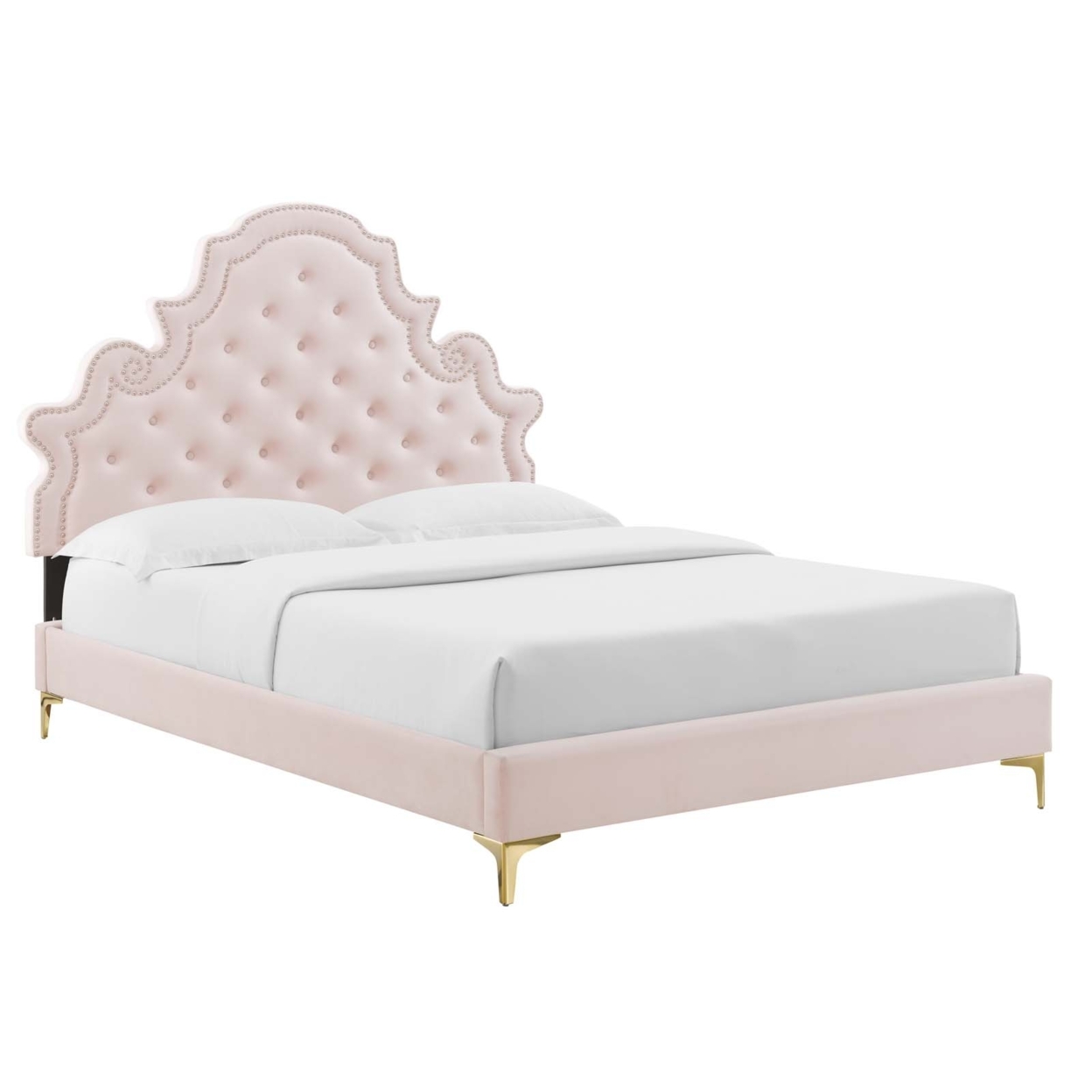 Fabric Upholstered Queen Size Tufted Bed With Gold Metal Legs, Light Pink