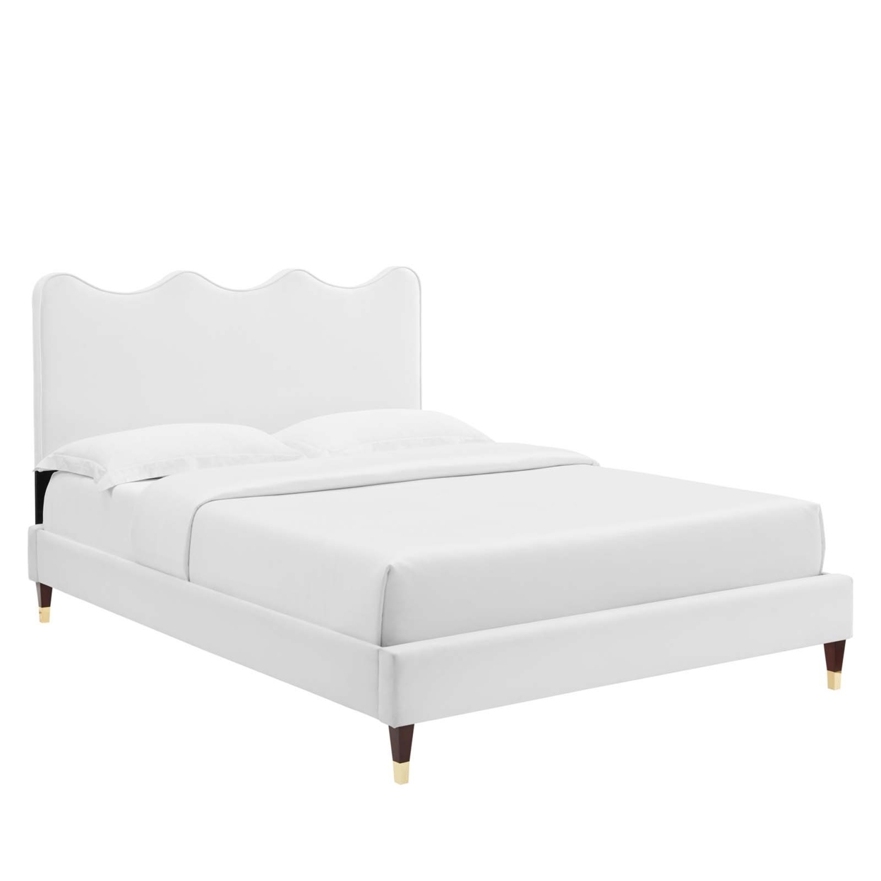 Queen Size Platform Bed With Gold Sleeve Wood Legs, White, Saltoro Sherpi