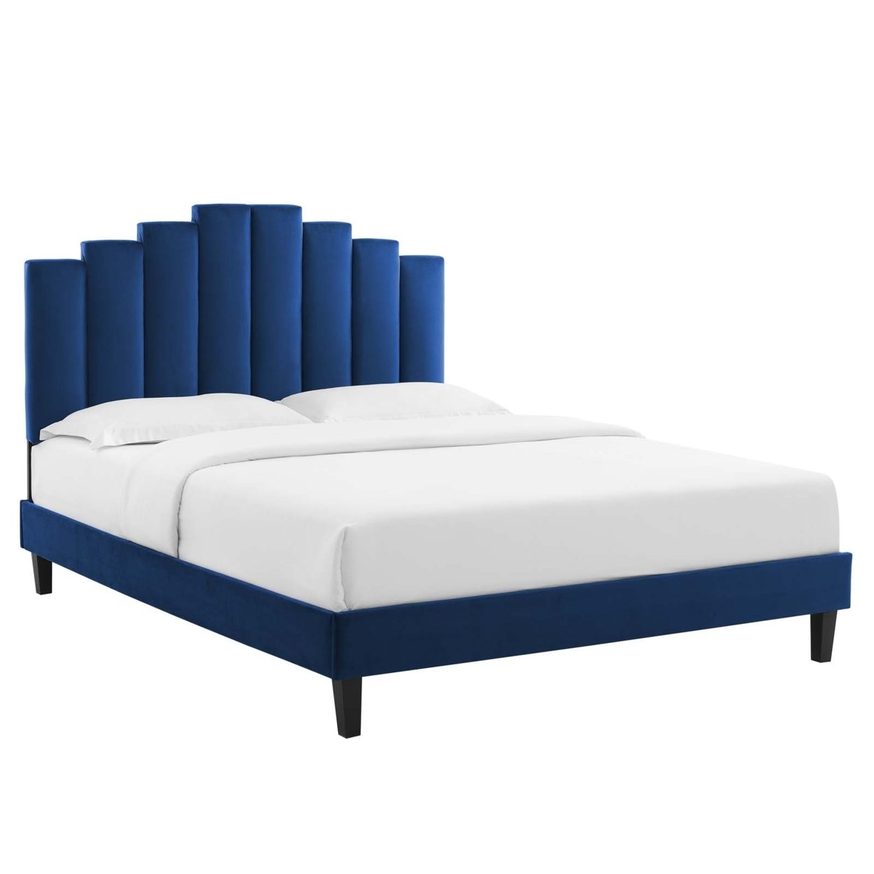 Channel Tufted King Platform Bed With Tapered Wood Leg, Blue, Saltoro Sherpi