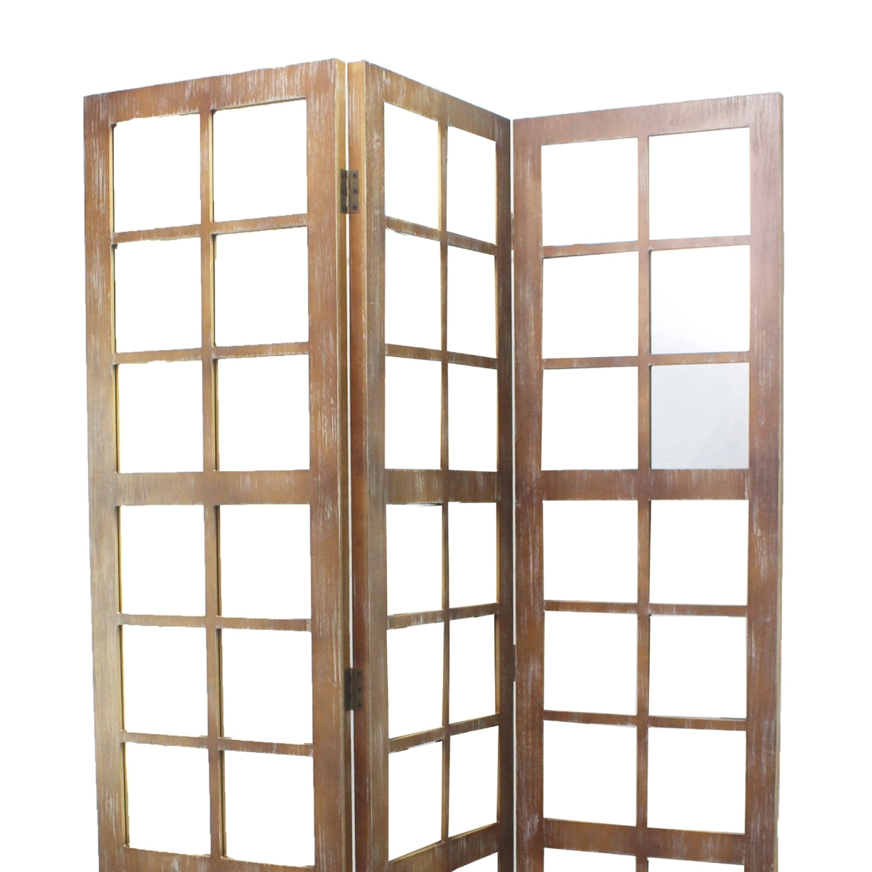 3 Panel Wooden Screen With Square Mirror Inserts, Brown And Silver- Saltoro Sherpi