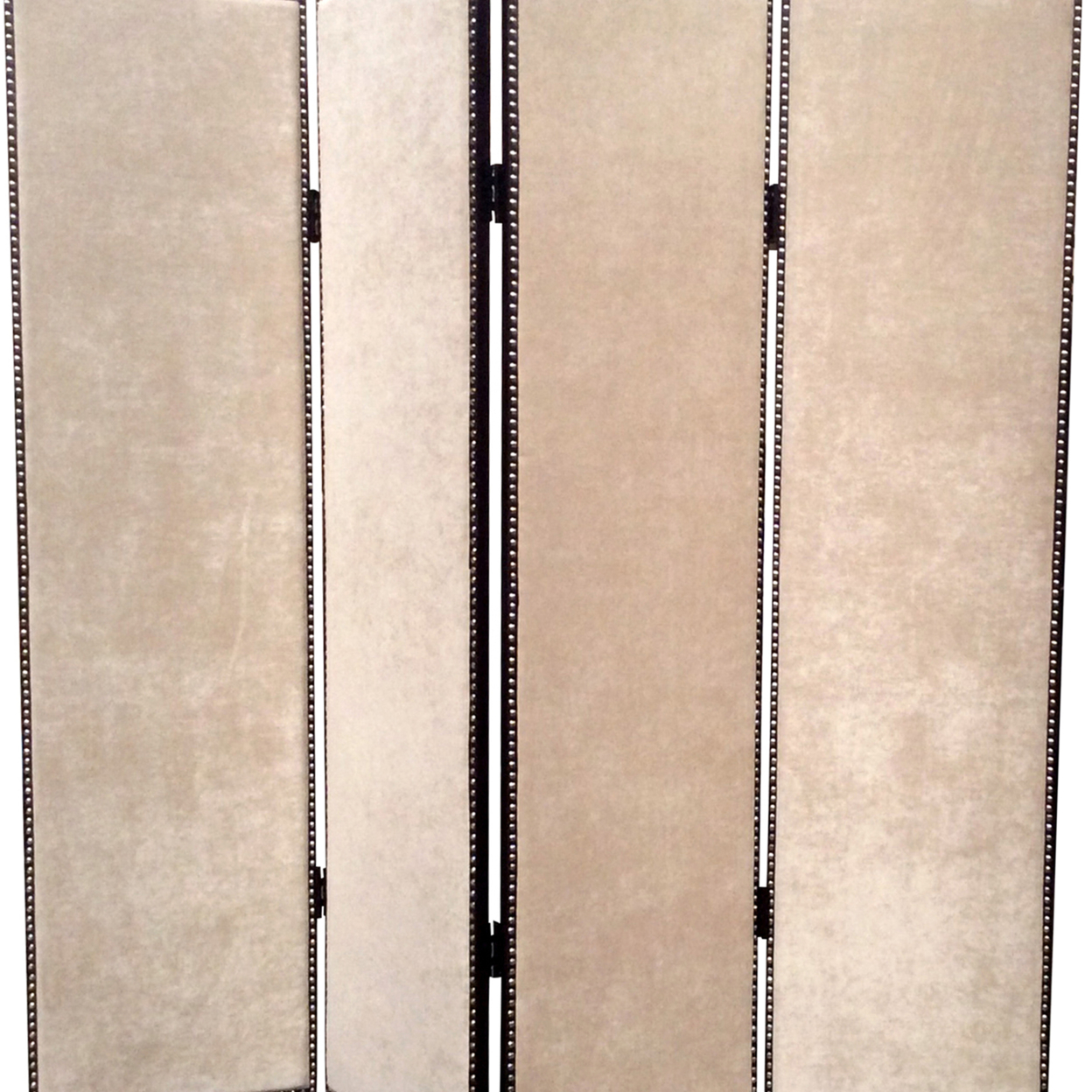 4 Panel Foldable Fabric Screen With Nailhead Trims, Beige And Black- Saltoro Sherpi