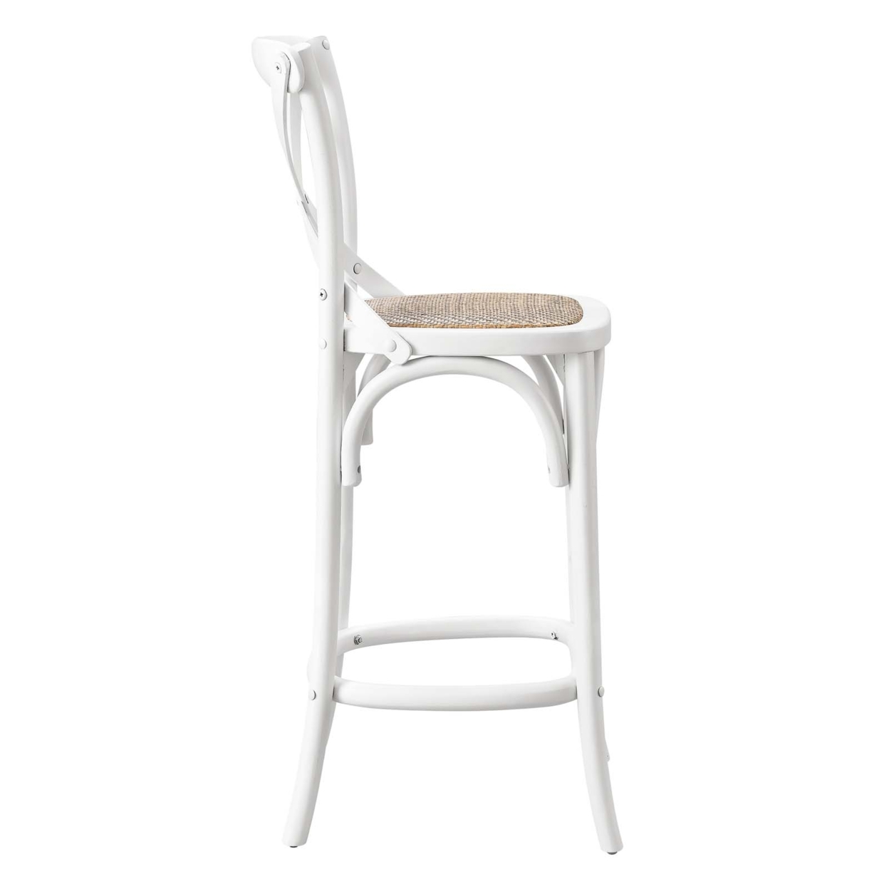 Wooden Farmhouse Counter Stool With X Brace Back And Woven Seat, White, Saltoro Sherpi