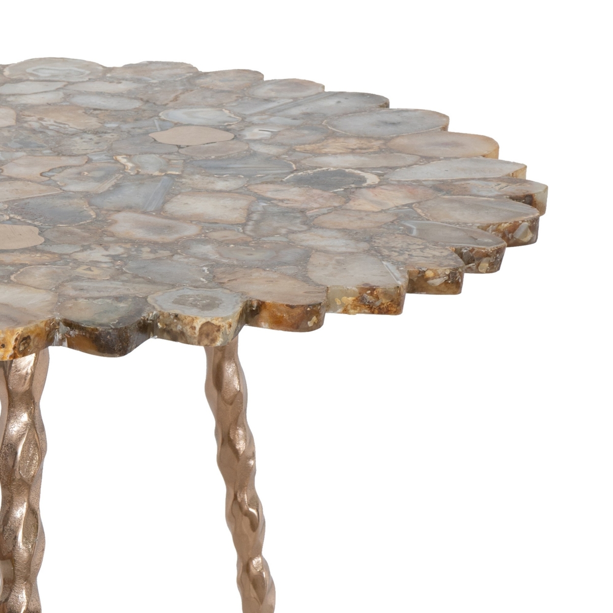 Cato 30 Inch Modern Accent Table, Gold Agate Stone Top, Metal Base, Brass- Saltoro Sherpi