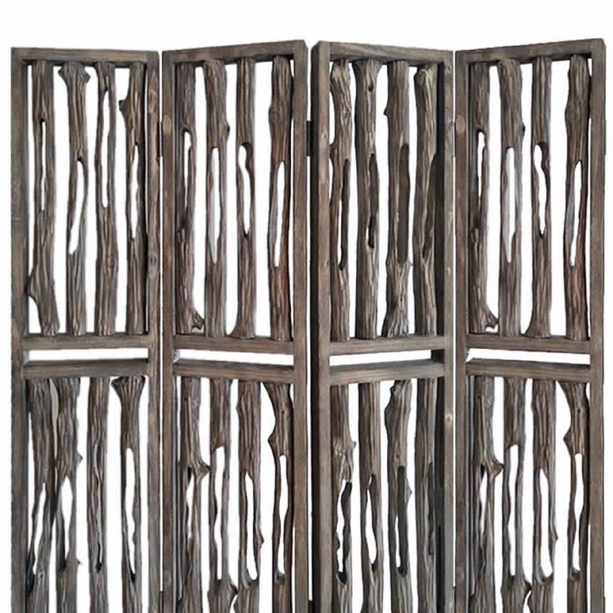 Contemporary 4 Panel Wooden Screen With Log Design, Brown- Saltoro Sherpi