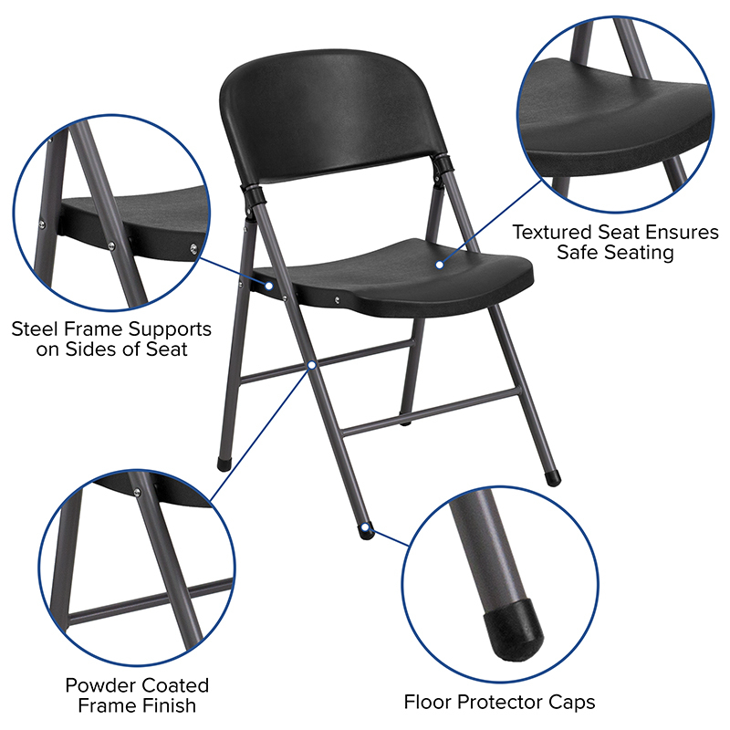 2 Pack HERCULES Series 330 Lb. Capacity Black Plastic Folding Chair With Charcoal Frame