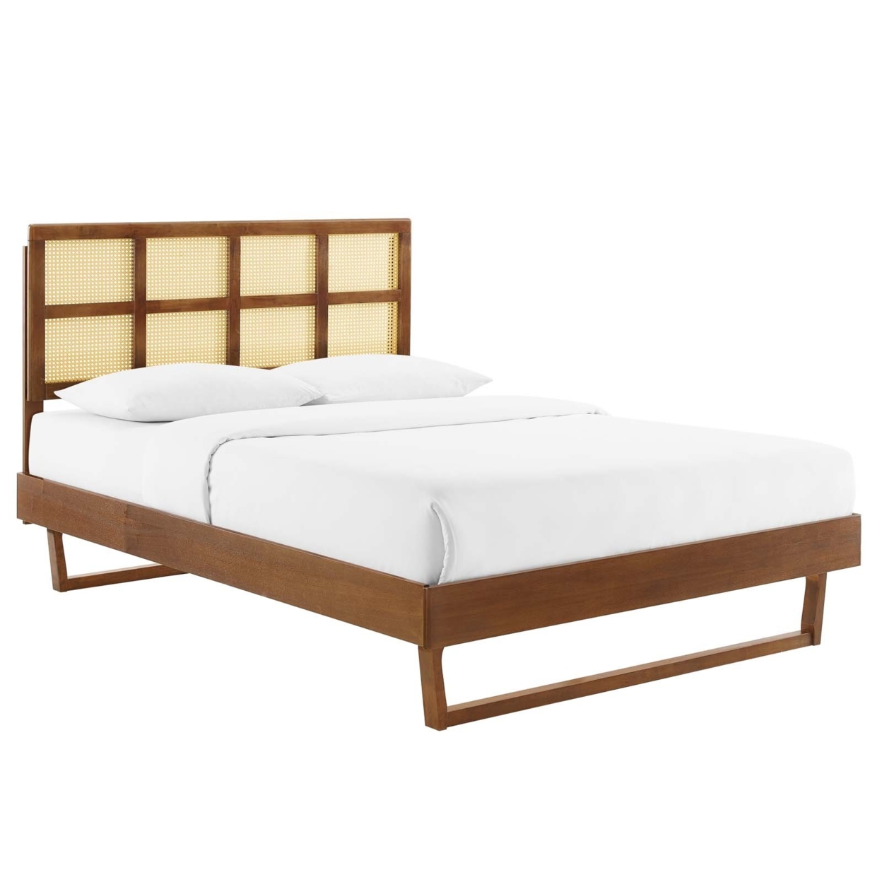 Sidney Cane And Wood Queen Platform Bed With Angular Legs, Walnut