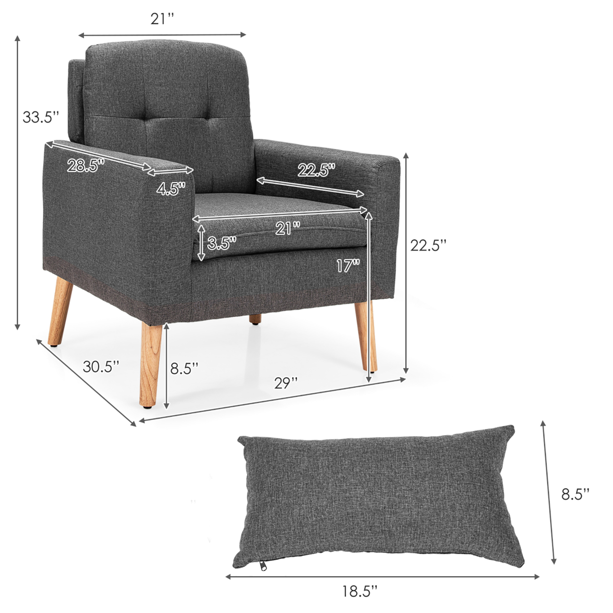 2PCS Accent Armchair Single Sofa Chair Home Office W/ Waist Pillow Gray