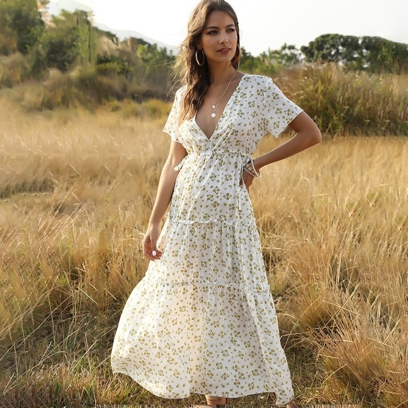Summer Boho Floral Dress - White, Large