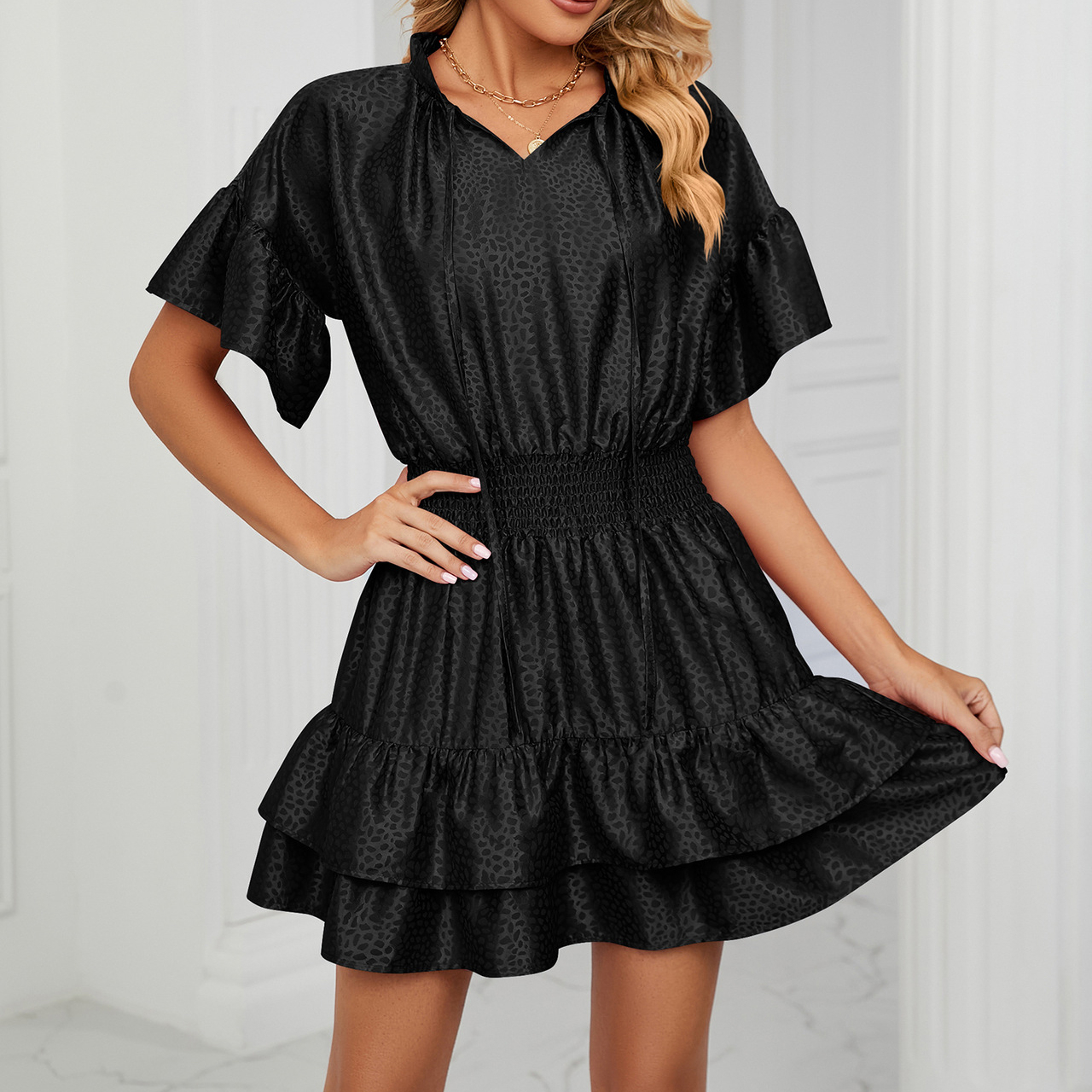 Summer Satin Solid Color Waist V-neck Ruffle Dress - Black, Large
