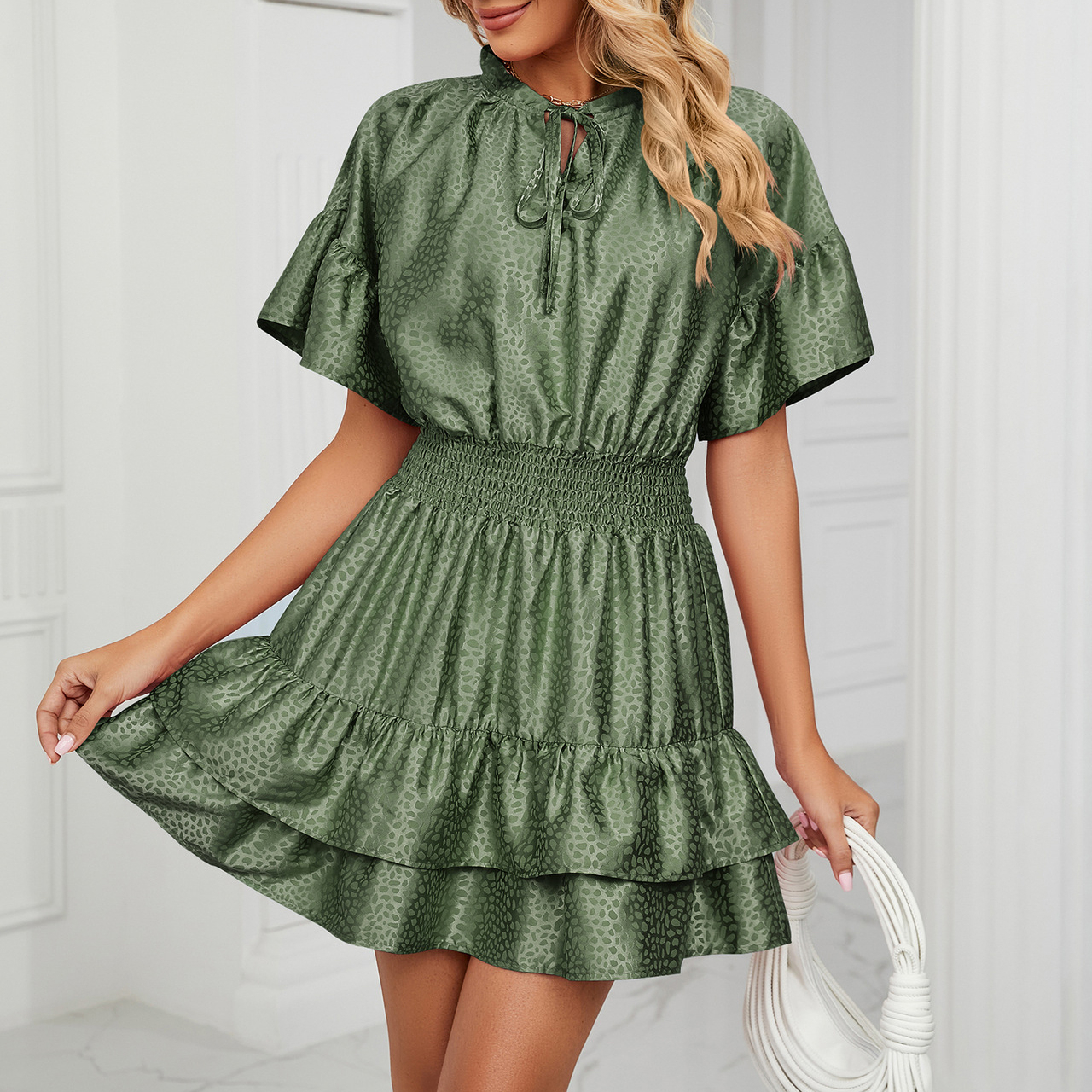 Summer Satin Solid Color Waist V-neck Ruffle Dress - Green, Medium