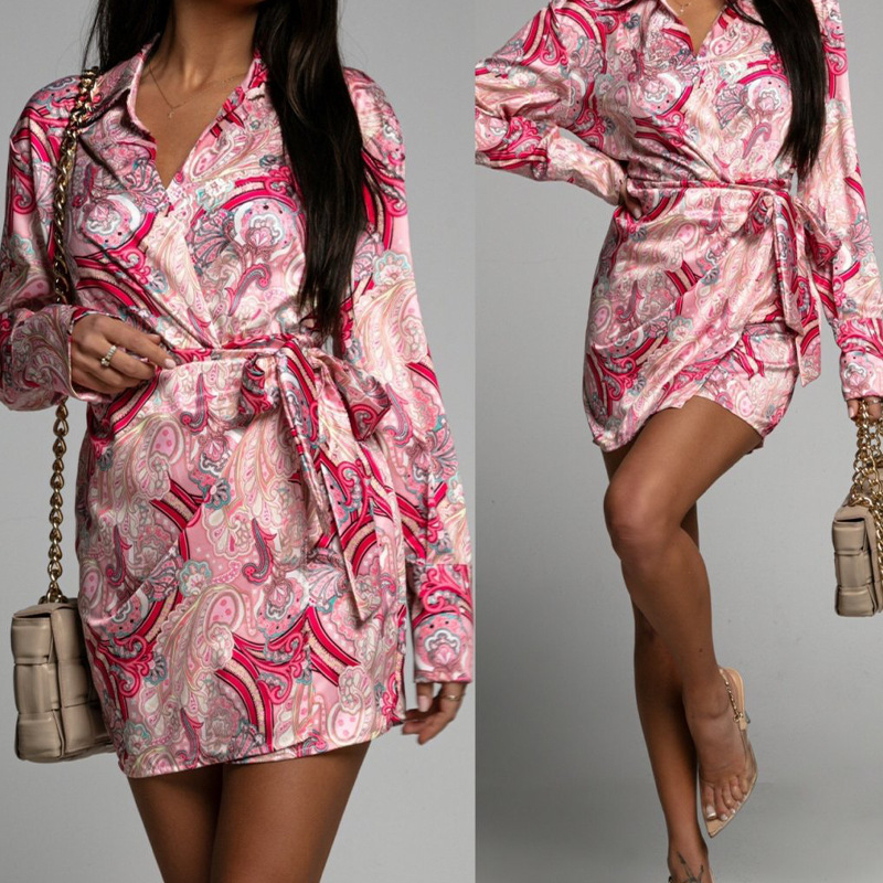 V-neck Printed Fashion Long-sleeved Dress - Pink, Large