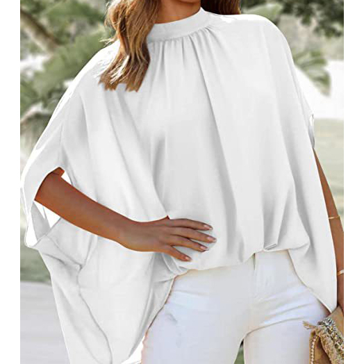 Irregular Long Bat Sleeve Short Sleeve Chiffon Shirt - White, Large
