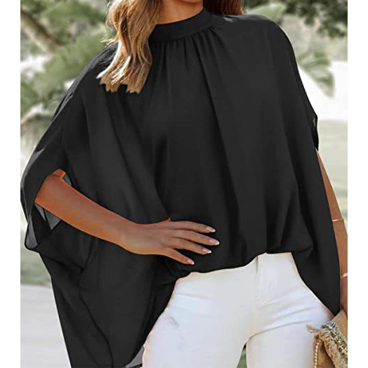 Irregular Long Bat Sleeve Short Sleeve Chiffon Shirt - Black, Medium