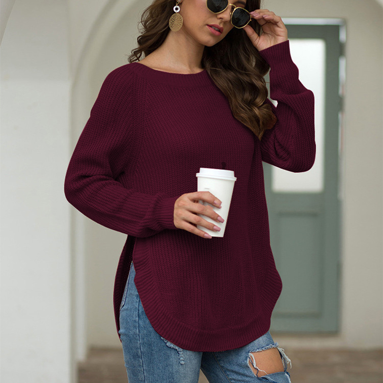 Split Hem Round Neck Long-sleeved Pullover Sweater - Red, Medium