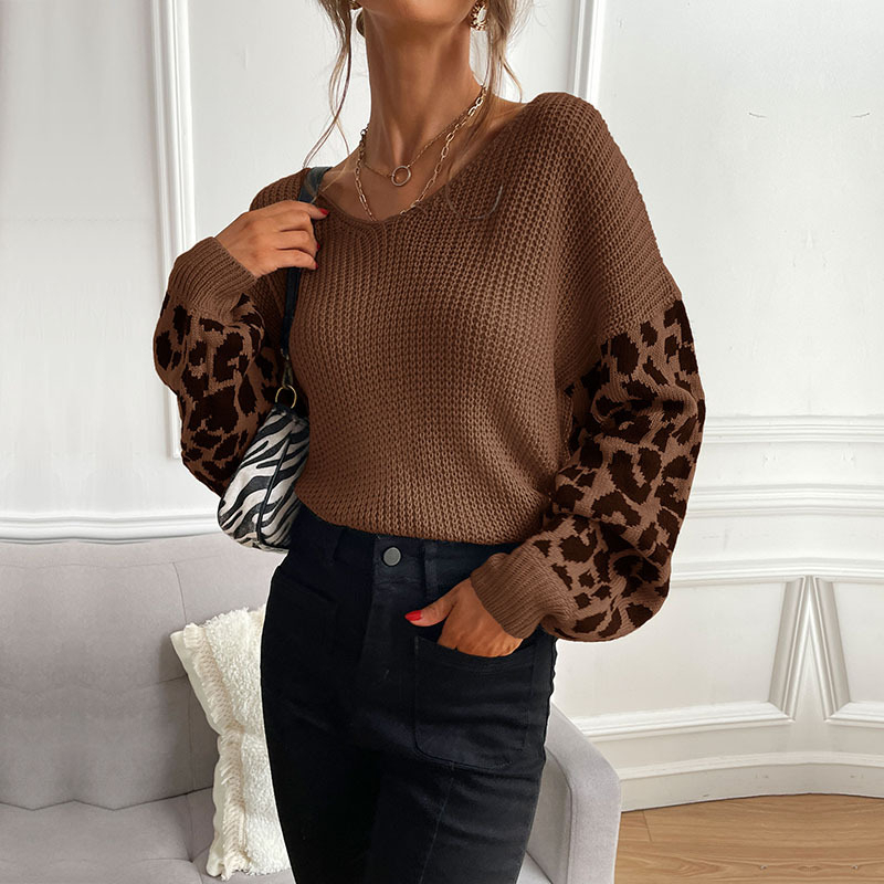 Thin Round Neck Knitted Pullover Leopard Sweater For Women - Coffee, Large