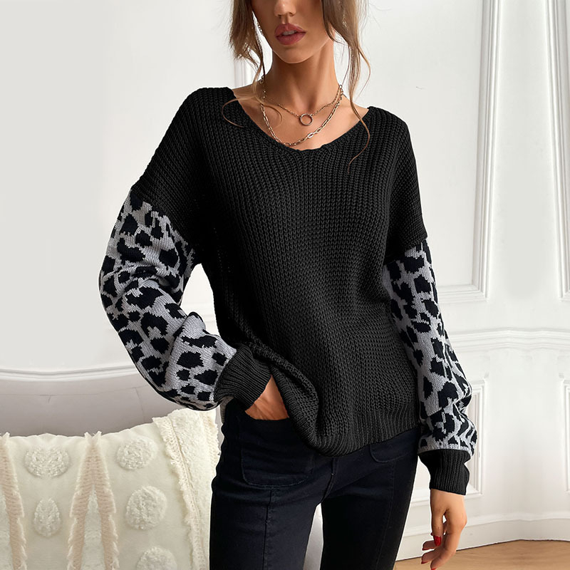 Thin Round Neck Knitted Pullover Leopard Sweater For Women - Black, Large