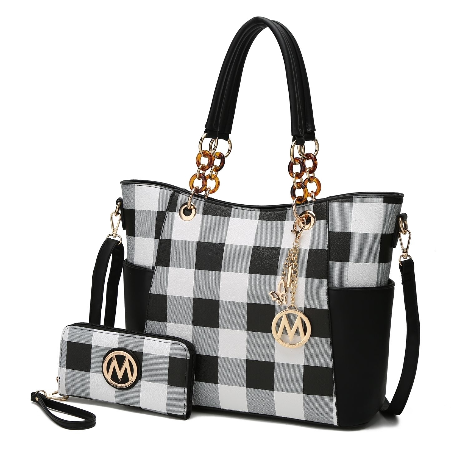 Bonita Checkered Tote 2 Pcs Wome's Large Handbag With Wallet And Decorative M Keychain By Mia K. - Black