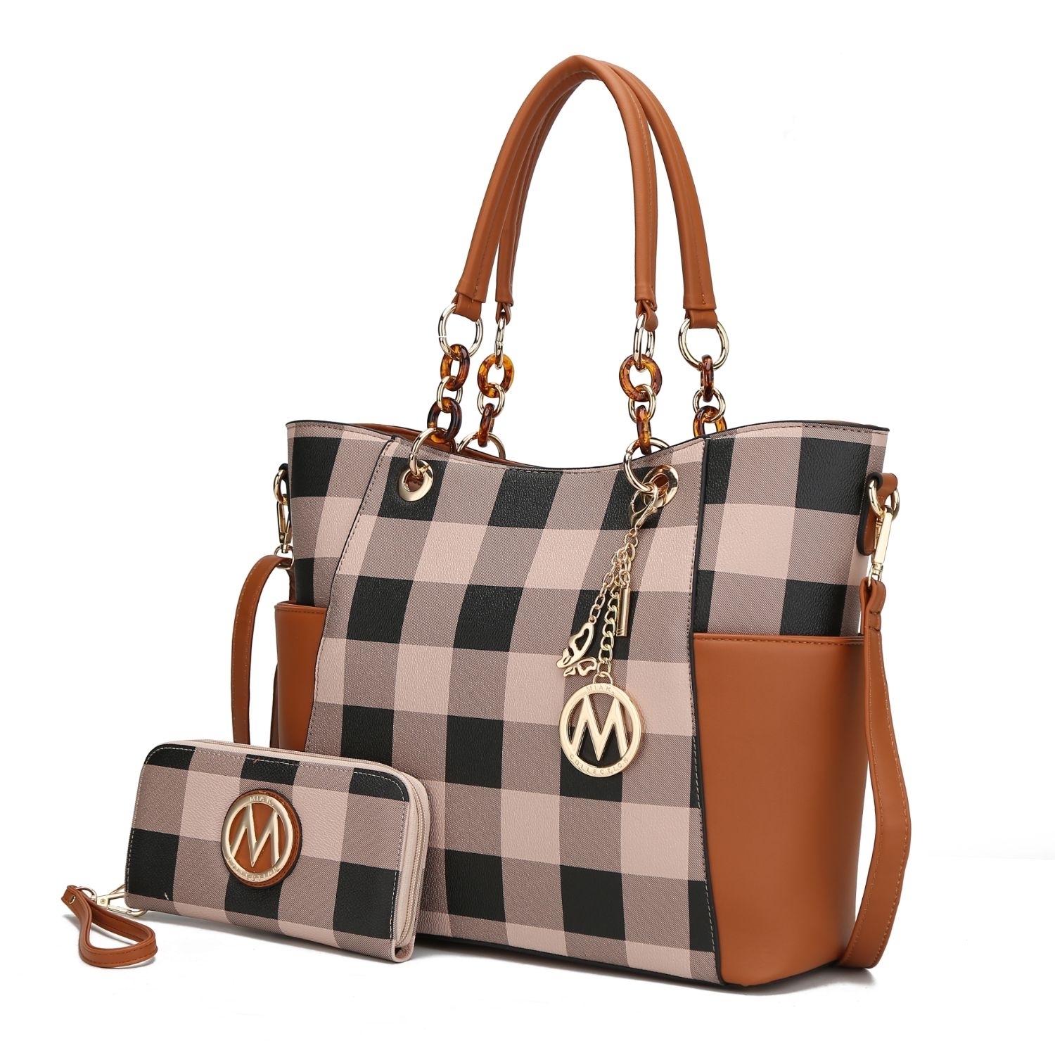 Bonita Checkered Tote 2 Pcs Wome's Large Handbag With Wallet And Decorative M Keychain By Mia K. - Cognac Brown