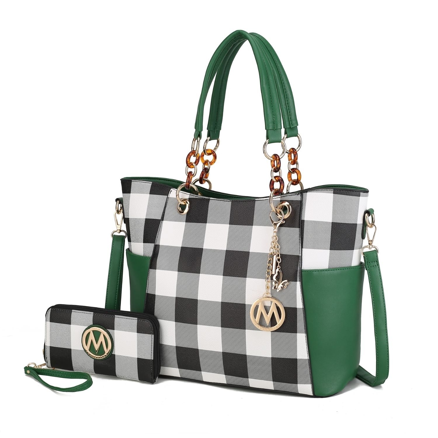 Bonita Checkered Tote 2 Pcs Wome's Large Handbag With Wallet And Decorative M Keychain By Mia K. - Cognac Brown