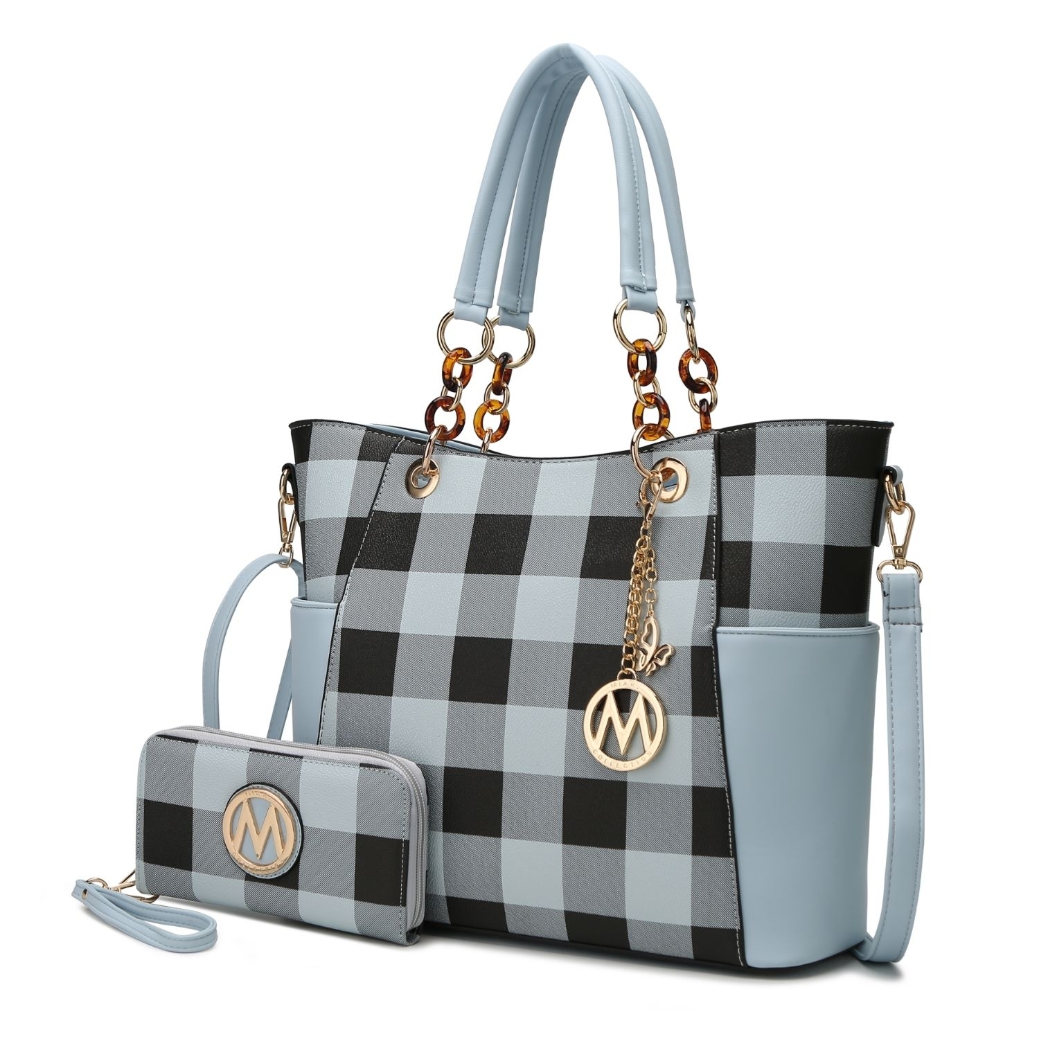 Bonita Checkered Tote 2 Pcs Wome's Large Handbag With Wallet And Decorative M Keychain By Mia K. - Light Blue