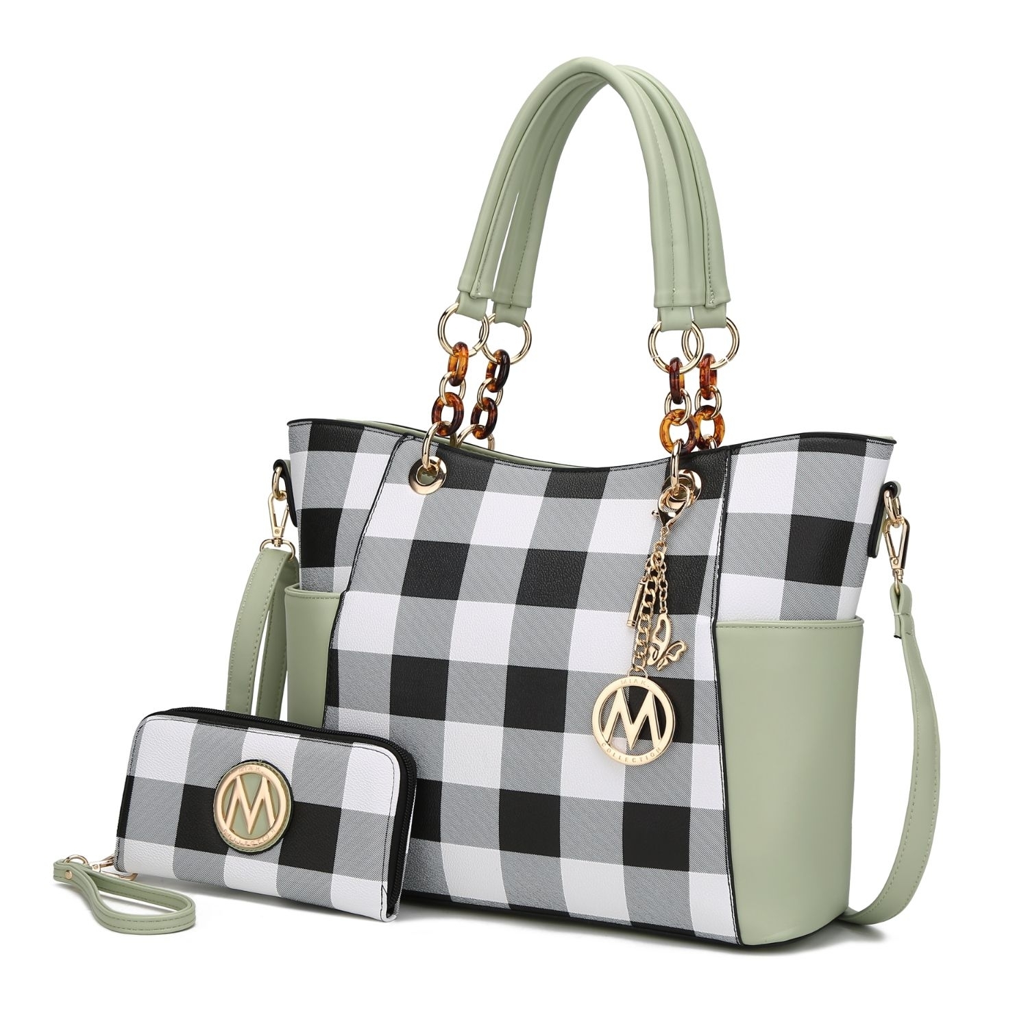Bonita Checkered Tote 2 Pcs Wome's Large Handbag With Wallet And Decorative M Keychain By Mia K. - Mint