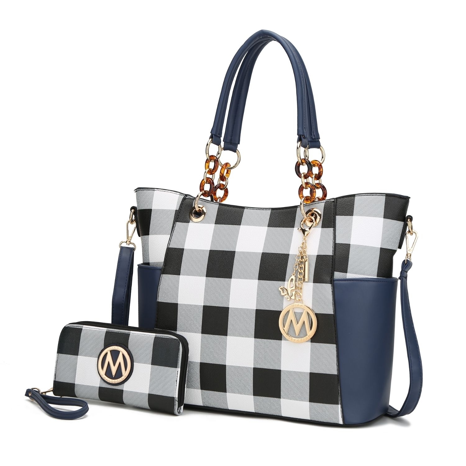 Bonita Checkered Tote 2 Pcs Wome's Large Handbag With Wallet And Decorative M Keychain By Mia K. - Navy