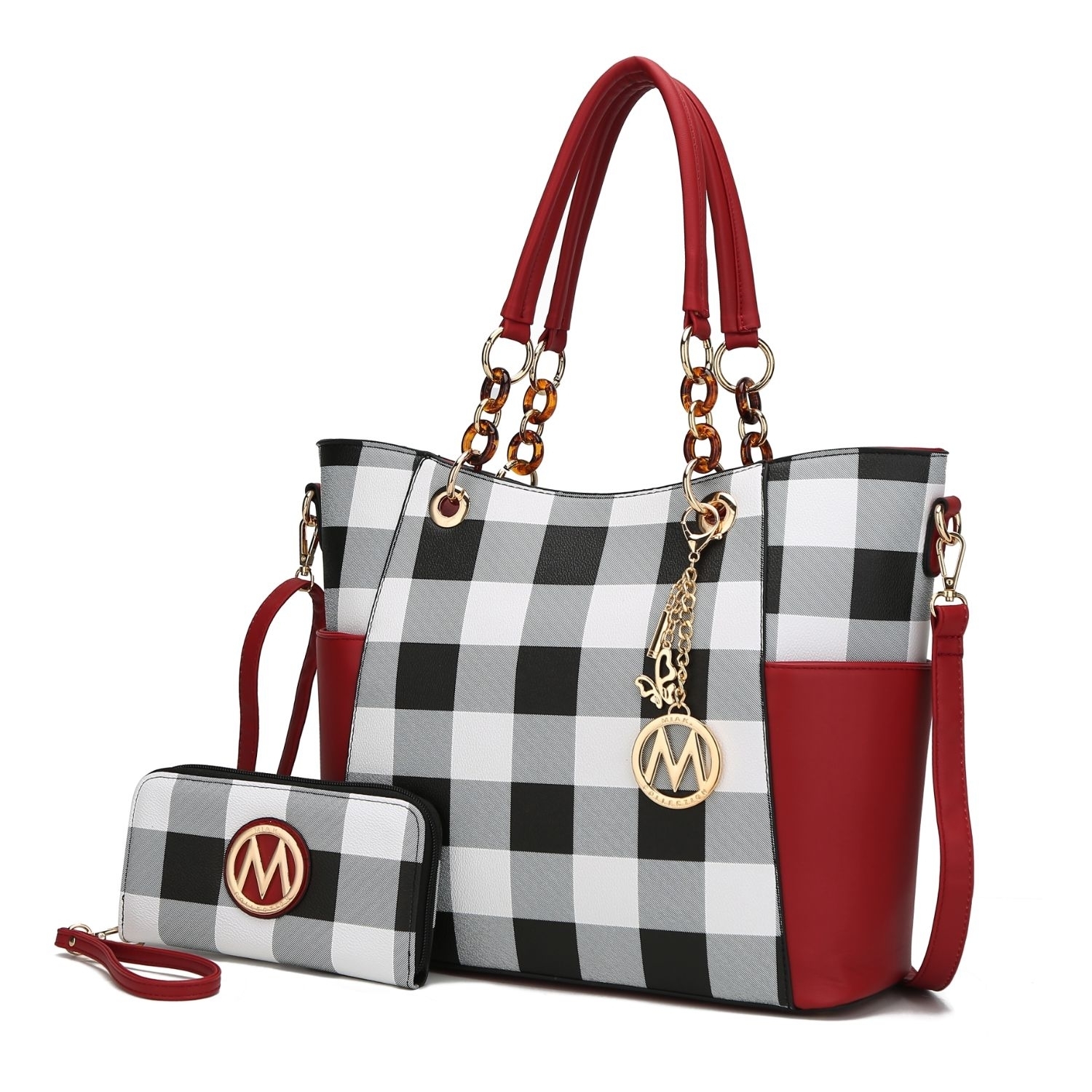 Bonita Checkered Tote 2 Pcs Wome's Large Handbag With Wallet And Decorative M Keychain By Mia K. - Red