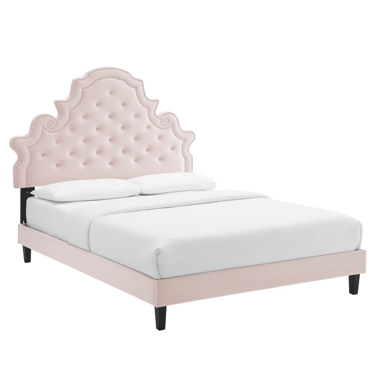 Fabric Upholstered Full Size Tufted Bed With Tapered Wood Legs, Light Pink