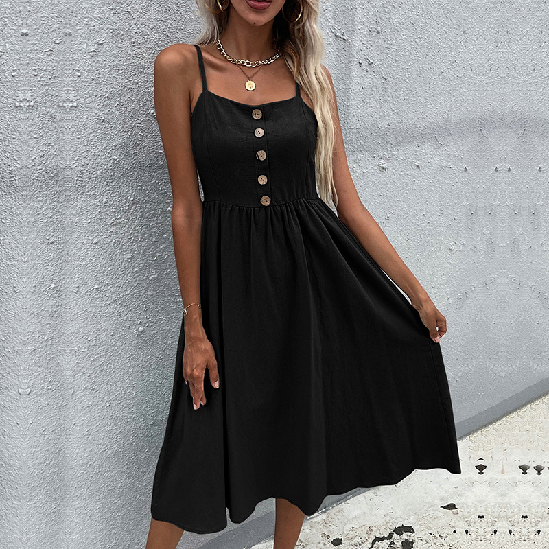 Slim Fitting Cotton Linen Dress - Black, X-Large