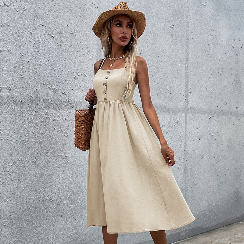 Slim Fitting Cotton Linen Dress - Apricot, Large