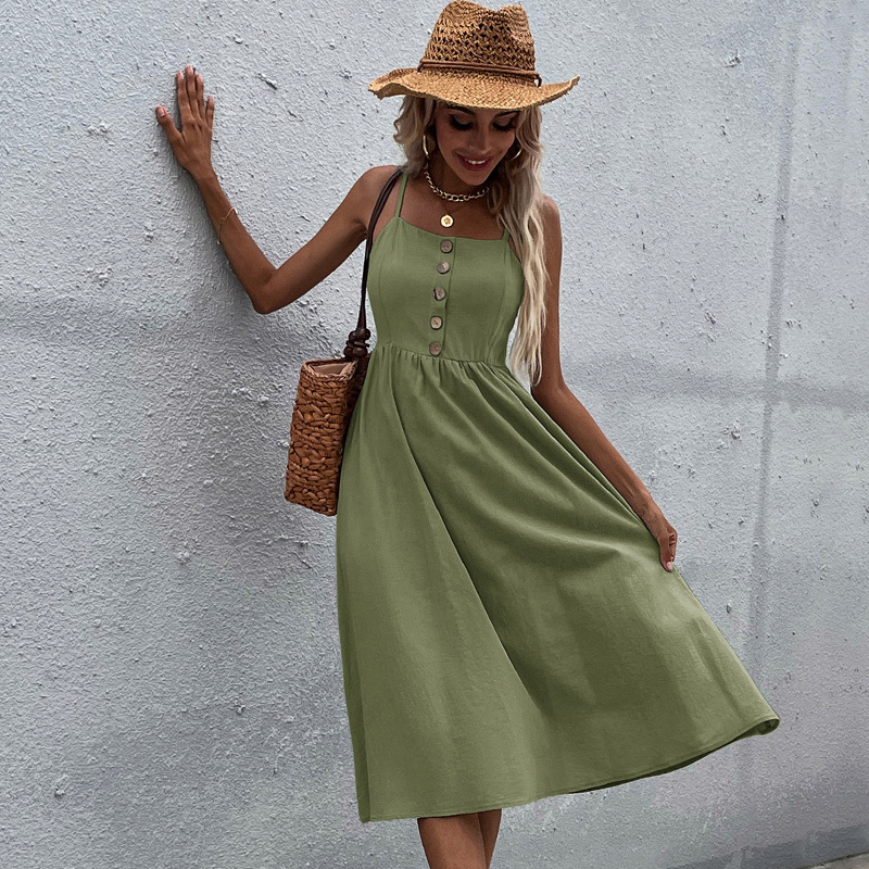 Slim Fitting Cotton Linen Dress - Army Green, Medium