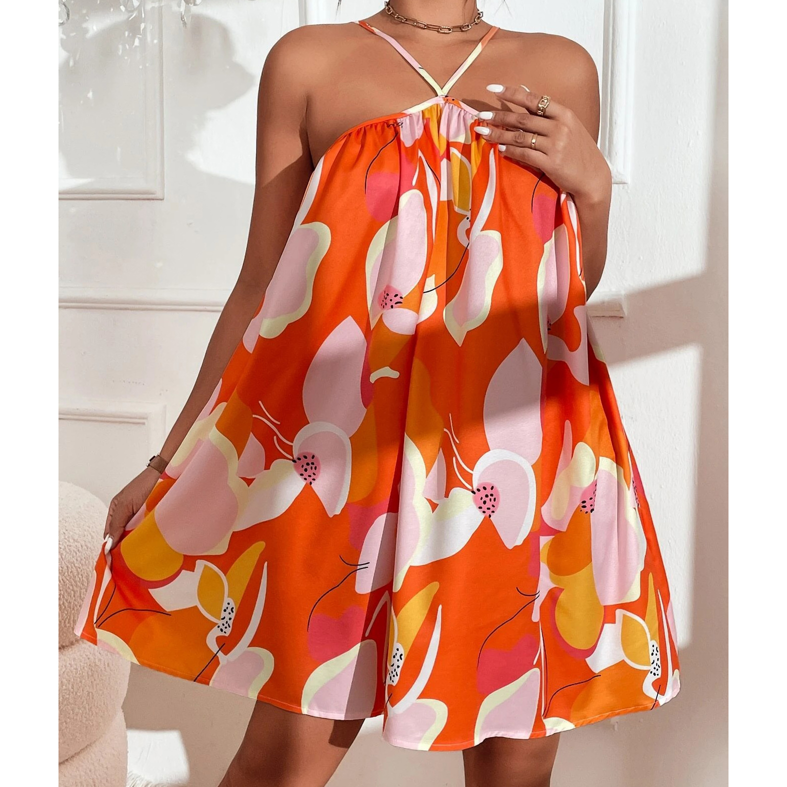 Allover Print Cami Dress - Orange, Large(8/10)