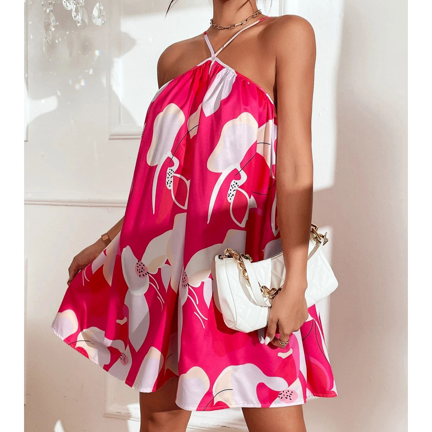 Allover Print Cami Dress - Hot Pink, Large(8/10)