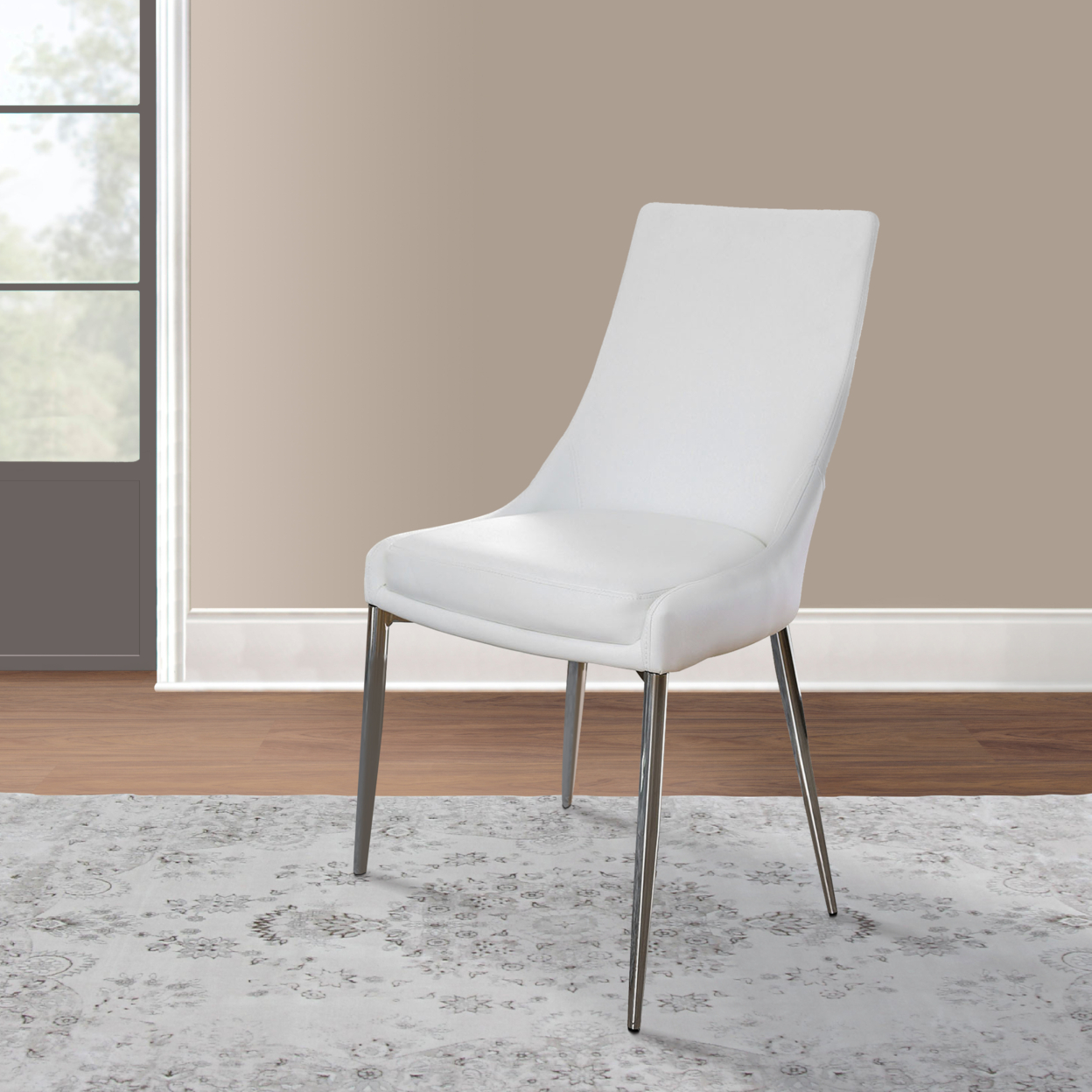 Leatherette Upholstered Metal Side Chair With Tapered Legs, Pack Of Two, White And Silver- Saltoro Sherpi