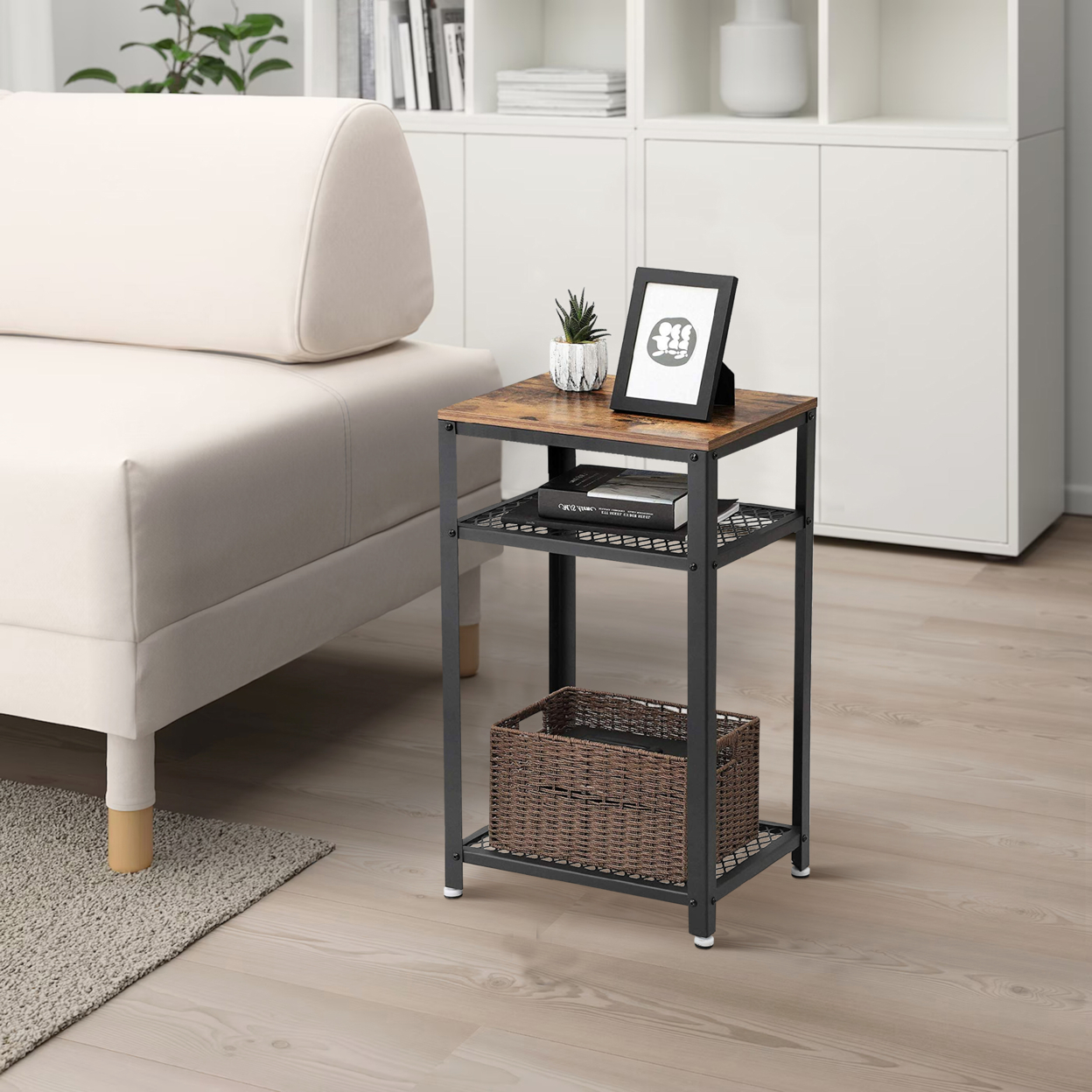 Industrial Style Iron And Wood Side Table With Two Tier Mesh Shelves, Black And Brown- Saltoro Sherpi