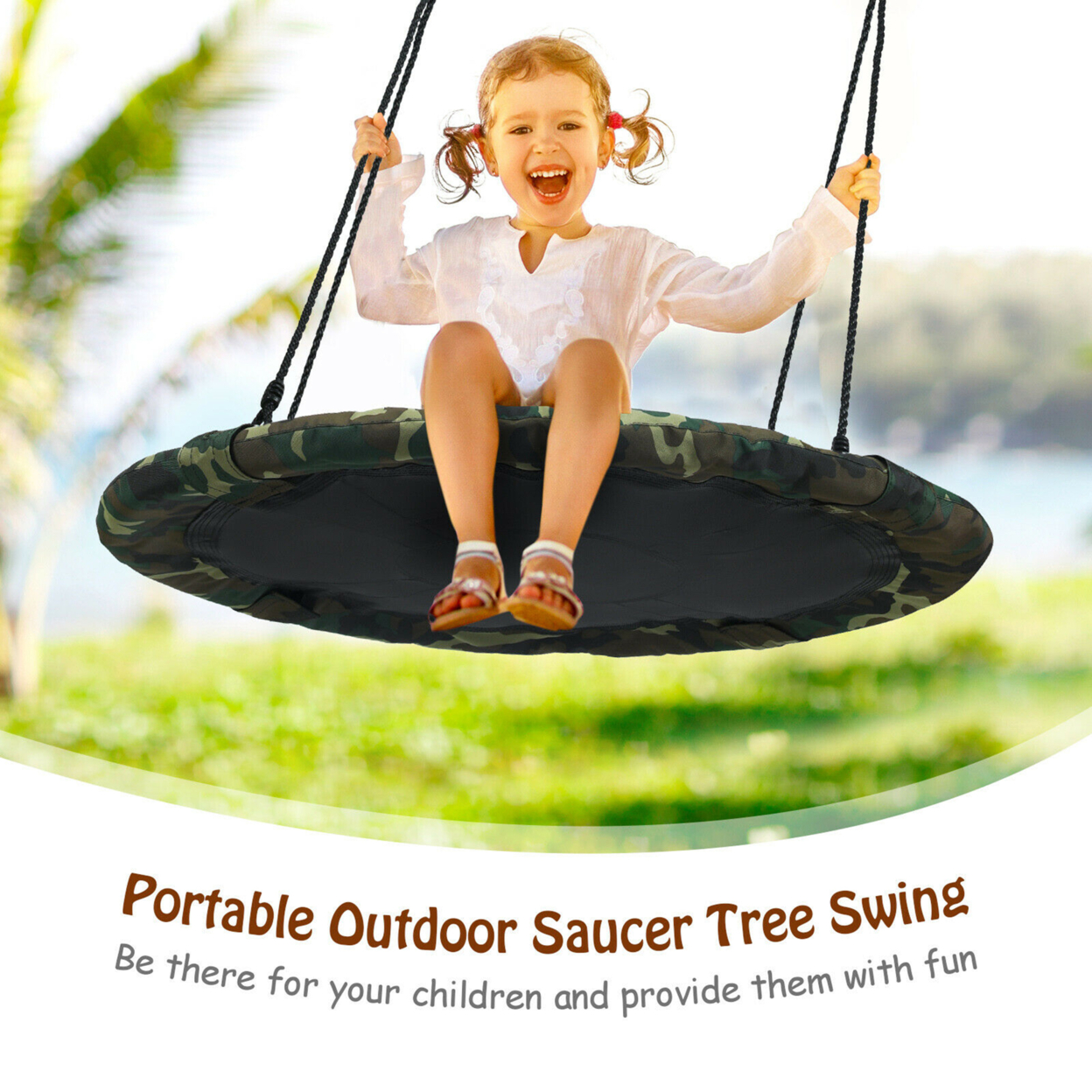 40'' Flying Saucer Tree Swing Outdoor Play Set W/ Adjustable Ropes - Camouflage Green