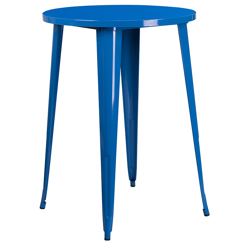 Commercial Grade 30 Round Blue Metal Indoor-Outdoor Bar Table Set With 4 Vertical Slat Back Stools
