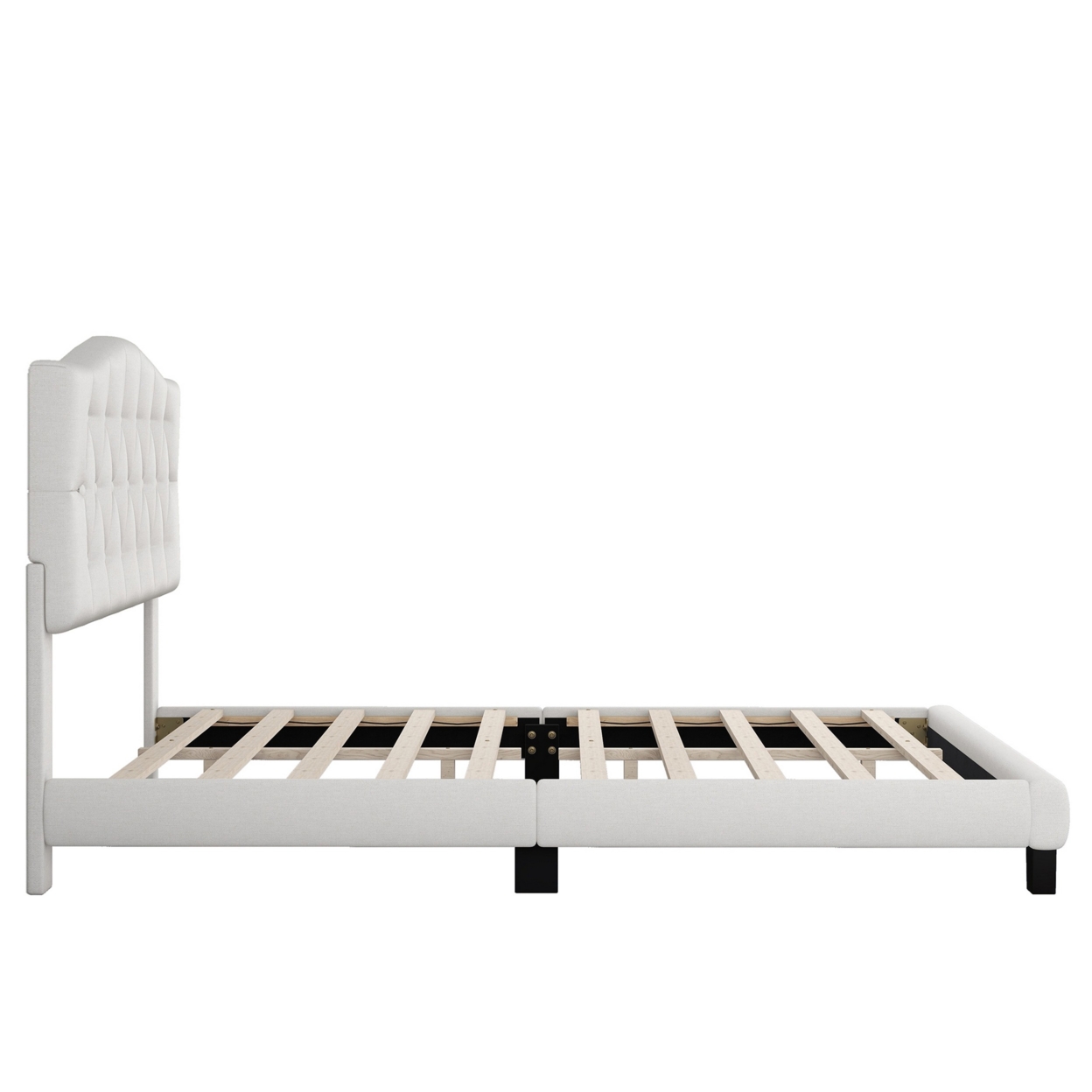 Cody King Size Platform Bed With Diamond Button Tufted Headboard, Beige- Saltoro Sherpi
