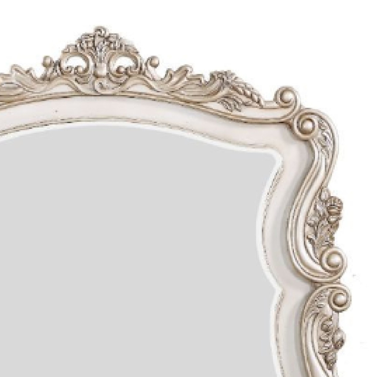 50 Inch Solid Wood Mirror, Scalloped, Scroll Ornate Trim, Antique White- Saltoro Sherpi