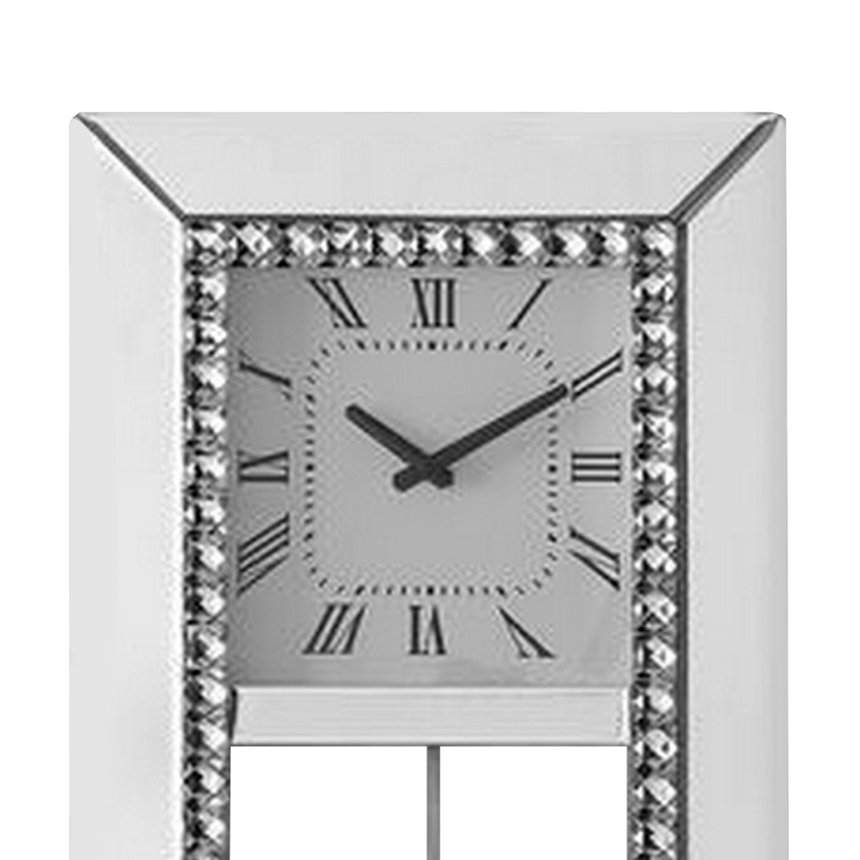 Noe 30 Inch Wall Clock, Crystal Diamond Inlaid Trim, Pendulum, White- Saltoro Sherpi