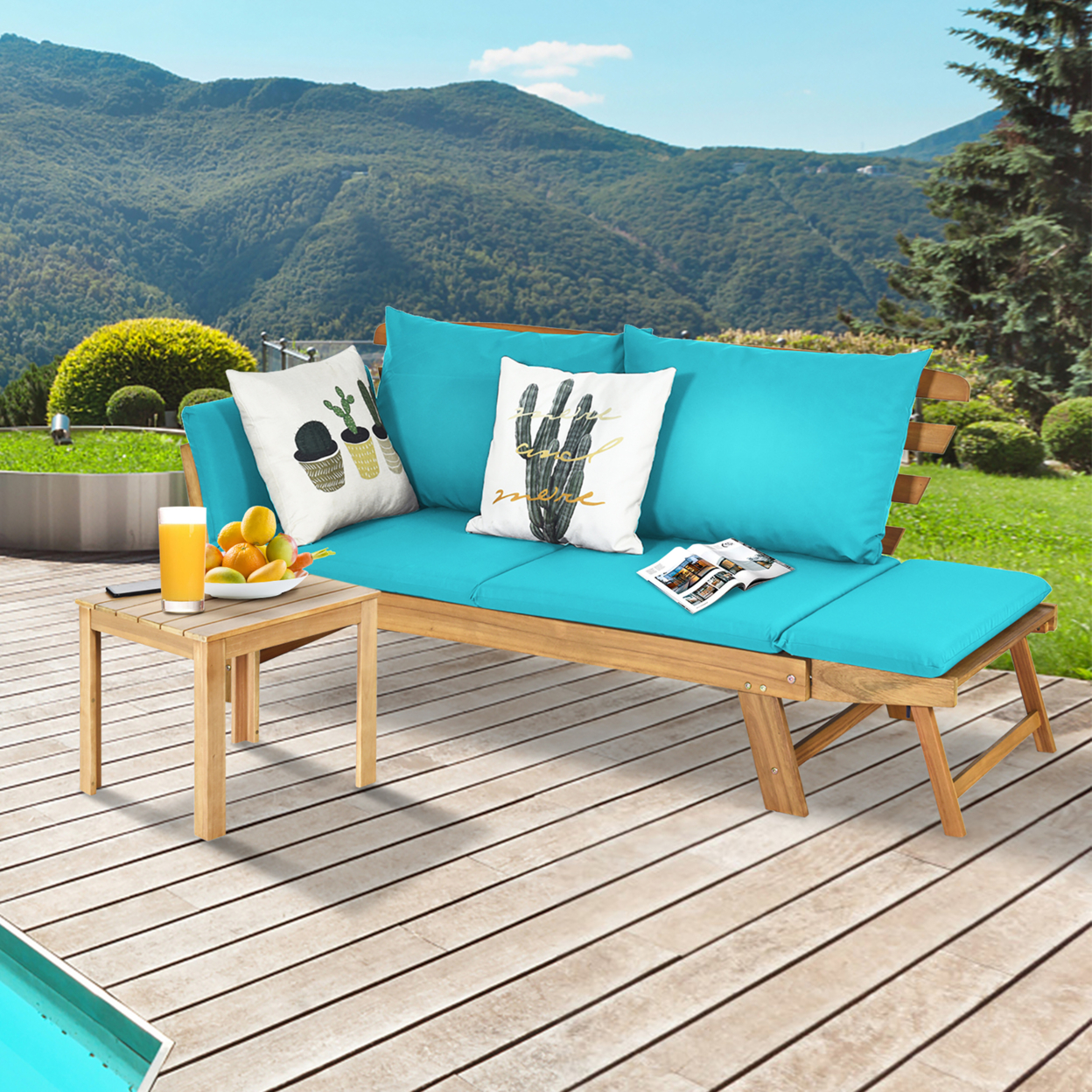 Adjustable Patio Sofa Daybed Acacia Wood Furniture W/ Turquoise Cushions
