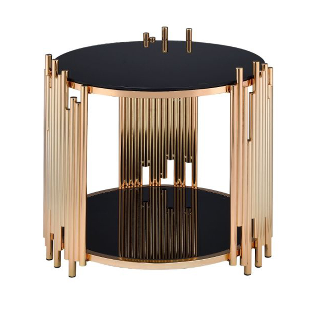Modern Metal And Glass End Table With Tubing Design, Black And Gold- Saltoro Sherpi