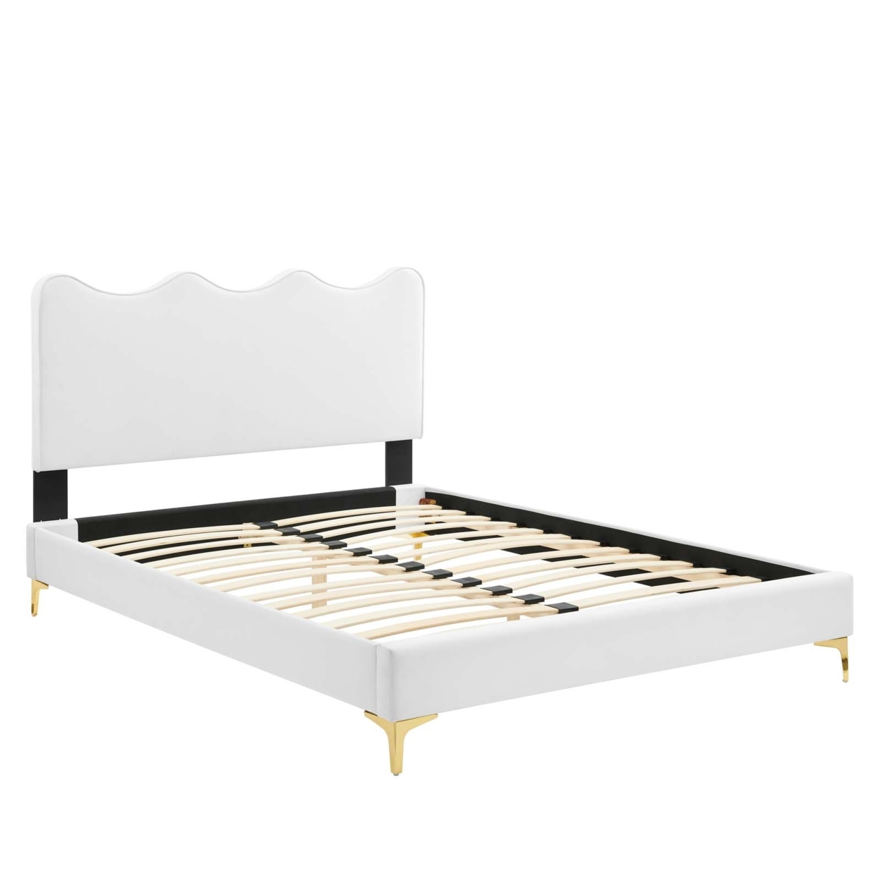 Queen Size Platform Bed With Gold Metal Legs, White, Saltoro Sherpi