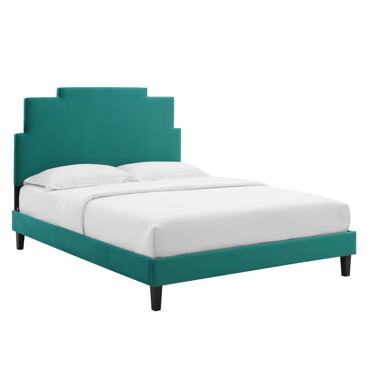 Twin Bed, Teal Blue Velvet, Geometric Panel Headboard, Tapered Legs