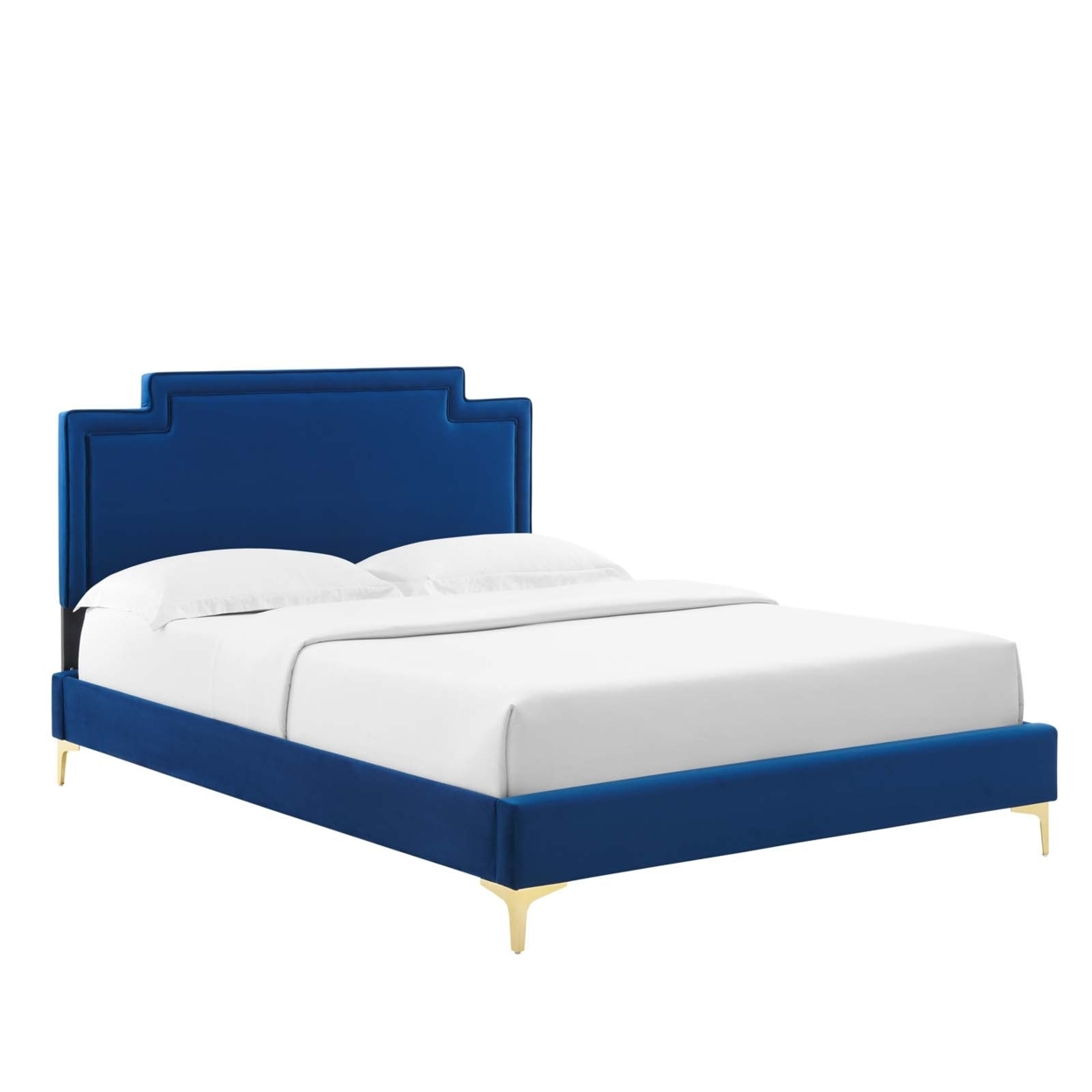 Full Bed, Navy Blue Velvet, Geometric Panel Headboard, Gold Metal Legs