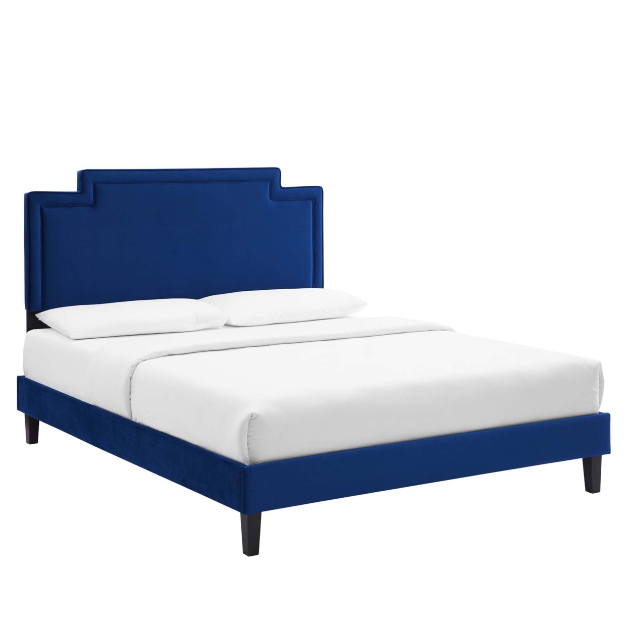 Full Bed, Navy Blue Velvet, Geometric Headboard, Tapered Legs