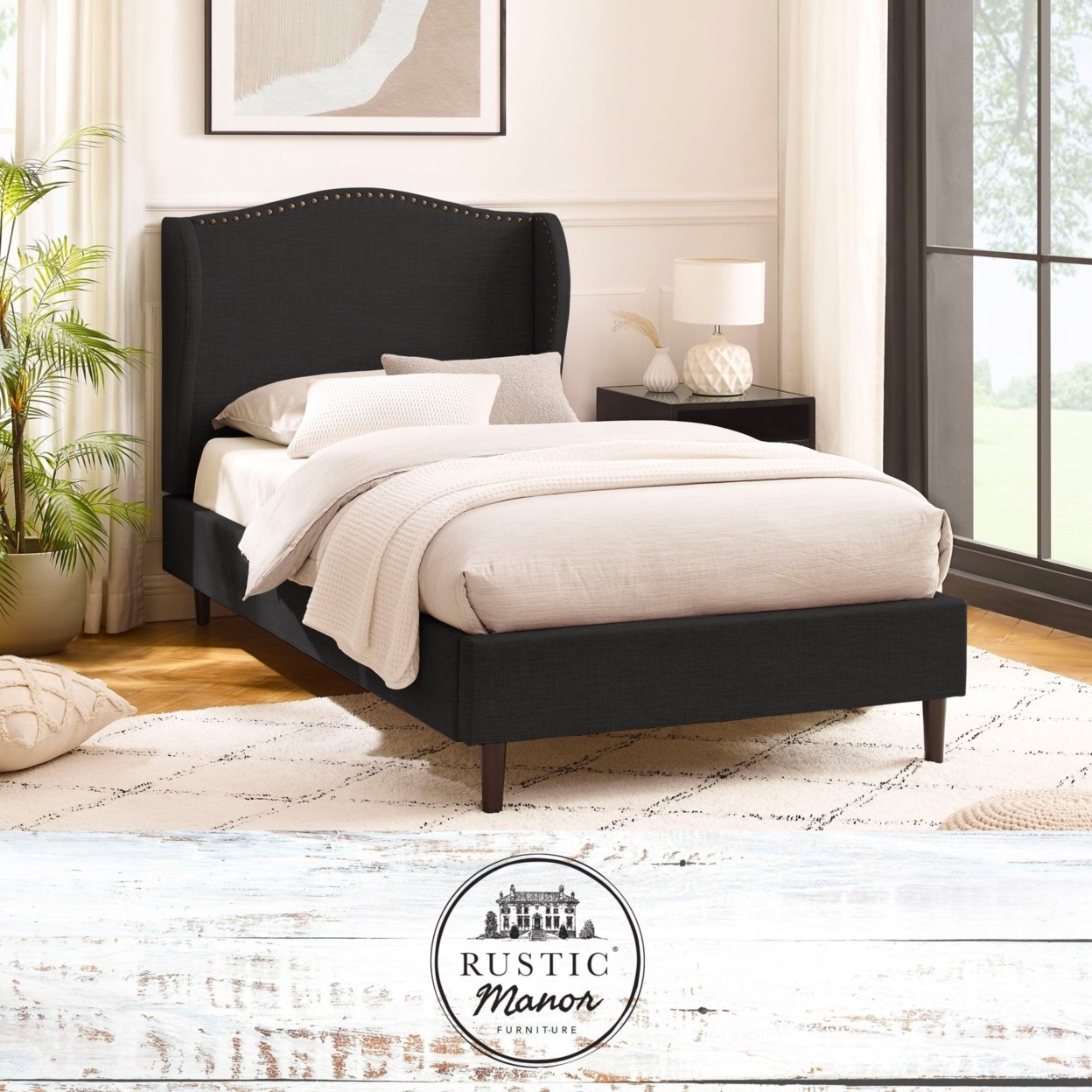 Ellena Bed - Upholstered, Wingback Headboard, Nailhead Trim, Slats Included - Charcoal Full